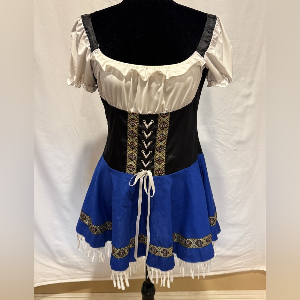 German Dirndl Blue and Black Corset Dress with White Accents - Beer maid costume